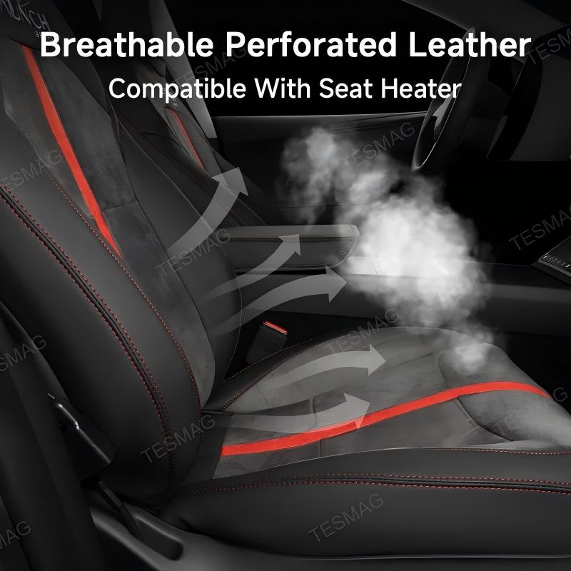 Red-Stitched Alcantara All-Inclusive Seat Covers for Tesla Model 3 Highland/Model Y Juniper