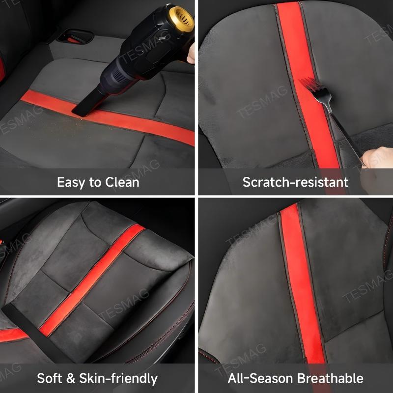 Red-Stitched Alcantara All-Inclusive Seat Covers for Tesla Model 3 Highland/Model Y Juniper