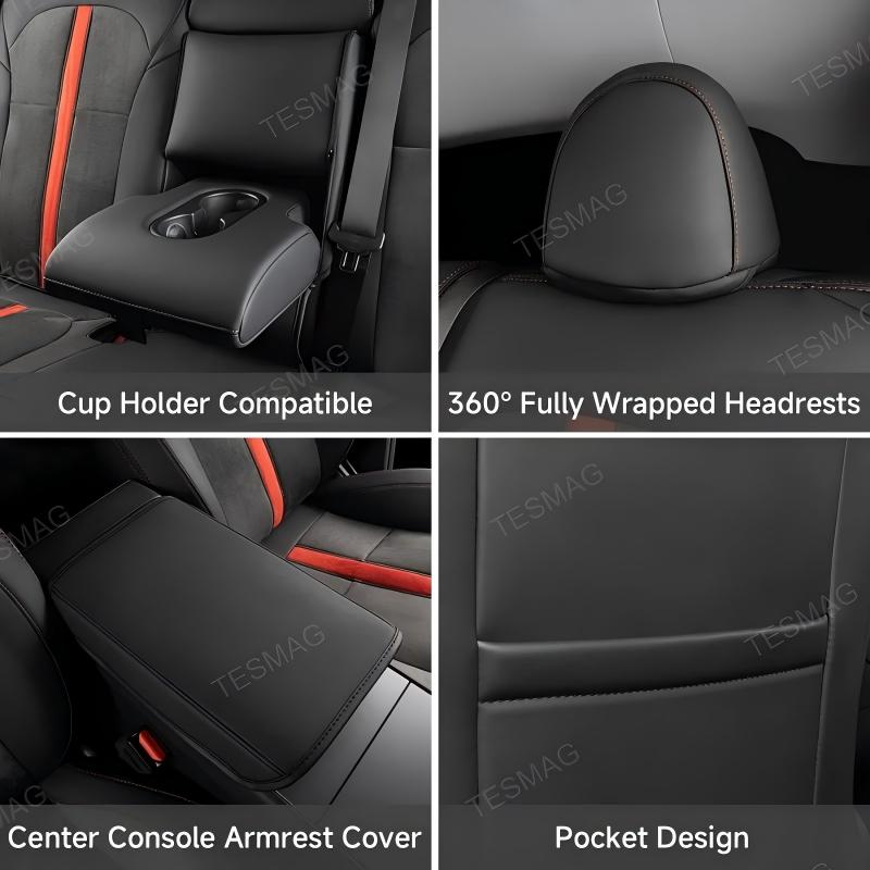 Red-Stitched Alcantara All-Inclusive Seat Covers for Tesla Model 3 Highland/Model Y Juniper
