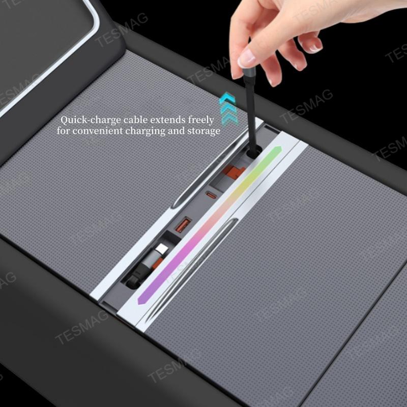 Retractable Fast Charging USB Hub Dock with Ambient Light for Tesla Model 3 Highland/Model Y Juniper 