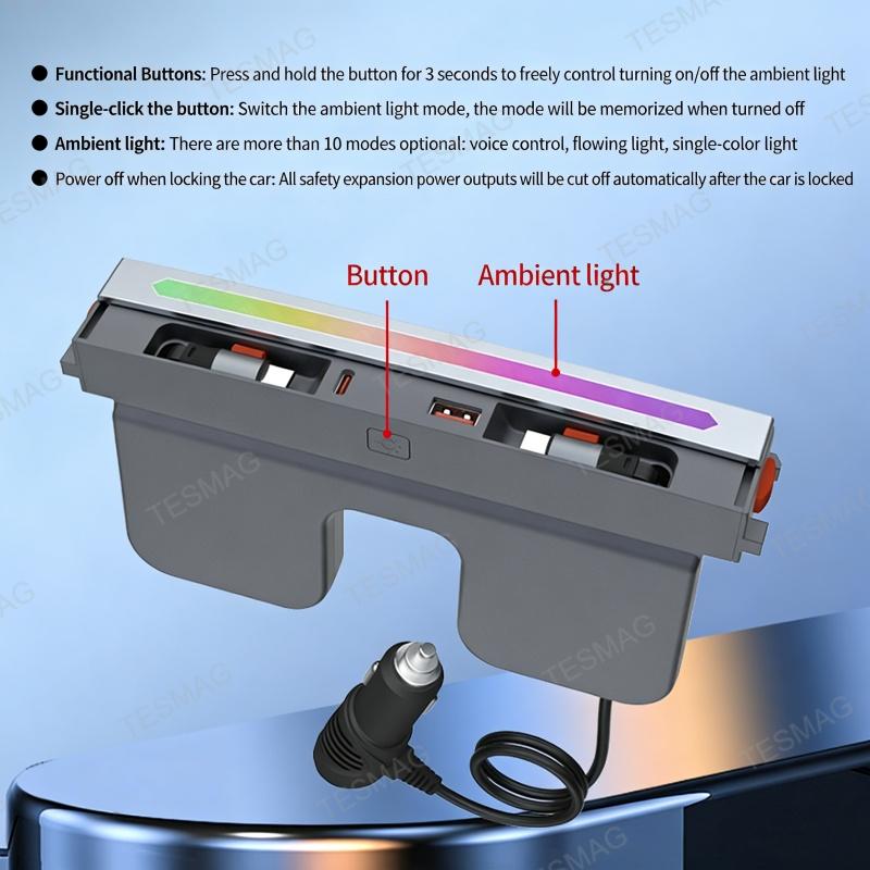 Retractable Fast Charging USB Hub Dock with Ambient Light for Tesla Model 3 Highland/Model Y Juniper 