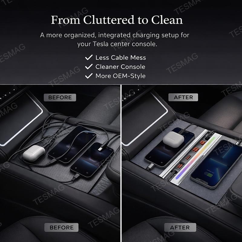 Retractable Fast Charging USB Hub Dock with Ambient Light for Tesla Model 3 Highland/Model Y Juniper 