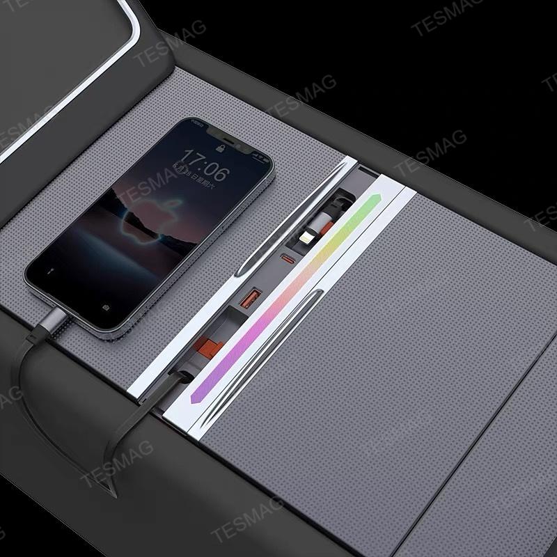 Retractable Fast Charging USB Hub Dock with Ambient Light for Tesla Model 3 Highland/Model Y Juniper 