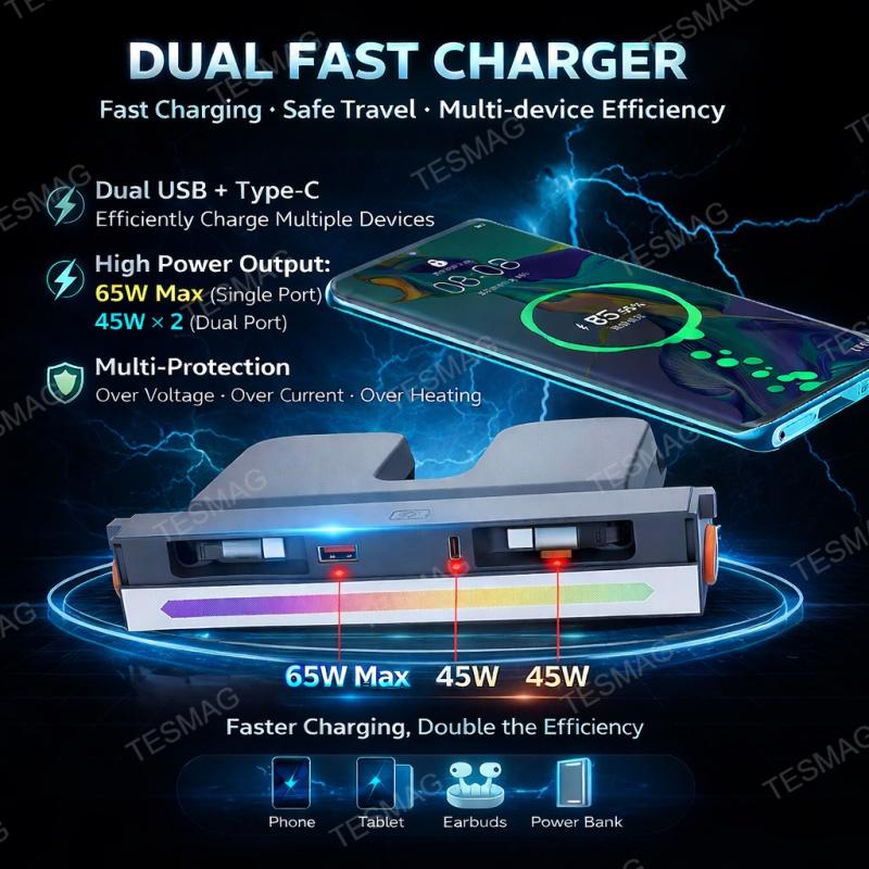 Retractable Fast Charging USB Hub Dock with Ambient Light for Tesla Model 3 Highland/Model Y Juniper 