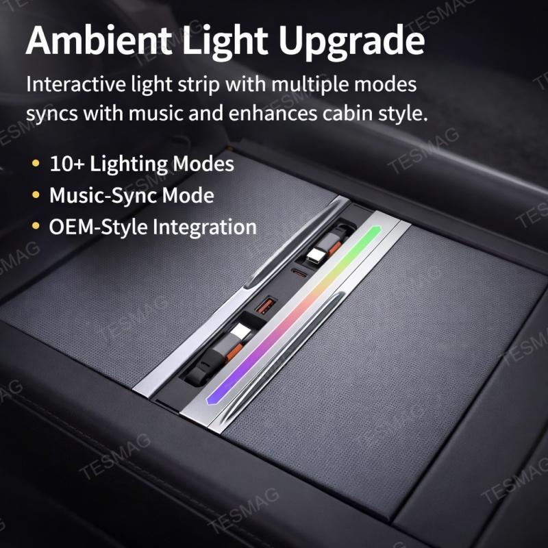 Retractable Fast Charging USB Hub Dock with Ambient Light for Tesla Model 3 Highland/Model Y Juniper 