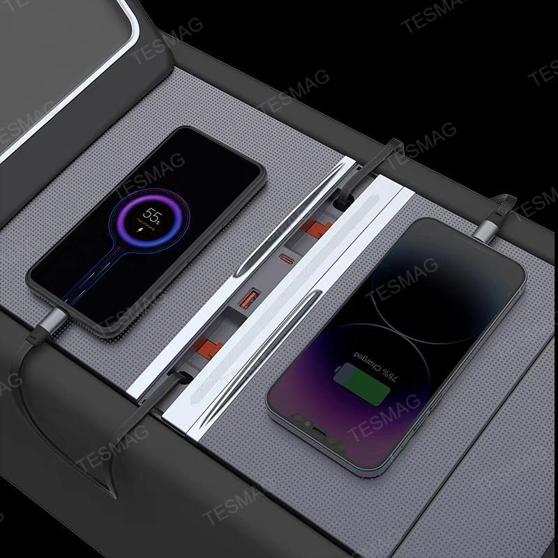 Retractable Fast Charging USB Hub Dock with Ambient Light for Tesla Model 3 Highland/Model Y Juniper 