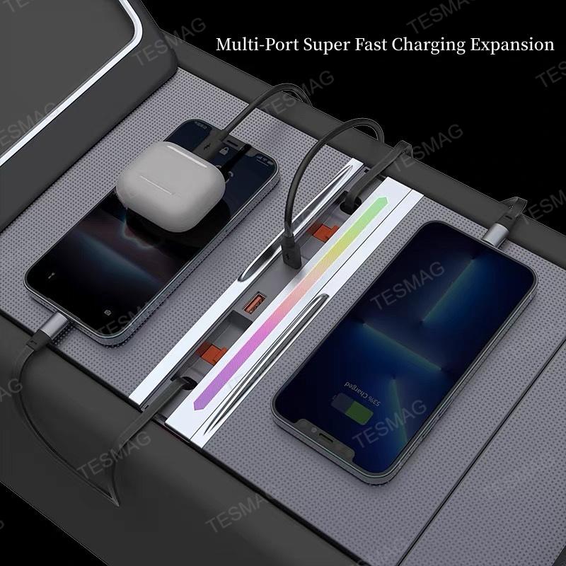 Retractable Fast Charging USB Hub Dock with Ambient Light for Tesla Model 3 Highland/Model Y Juniper 