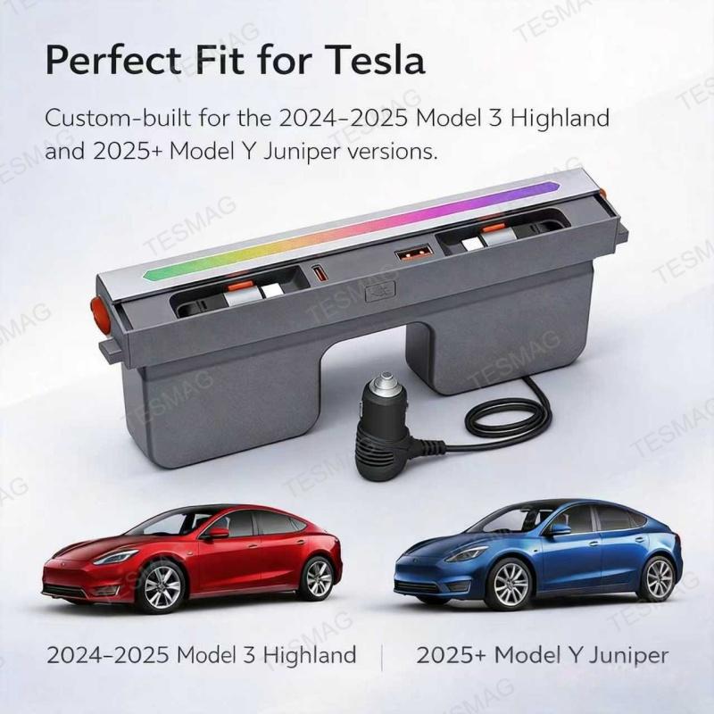 Retractable Fast Charging USB Hub Dock with Ambient Light for Tesla Model 3 Highland/Model Y Juniper 
