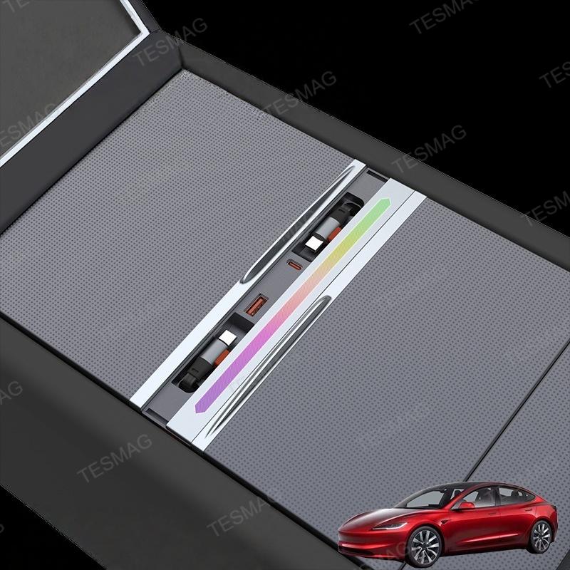 Retractable Fast Charging USB Hub Dock with Ambient Light for Tesla Model 3 Highland/Model Y Juniper 