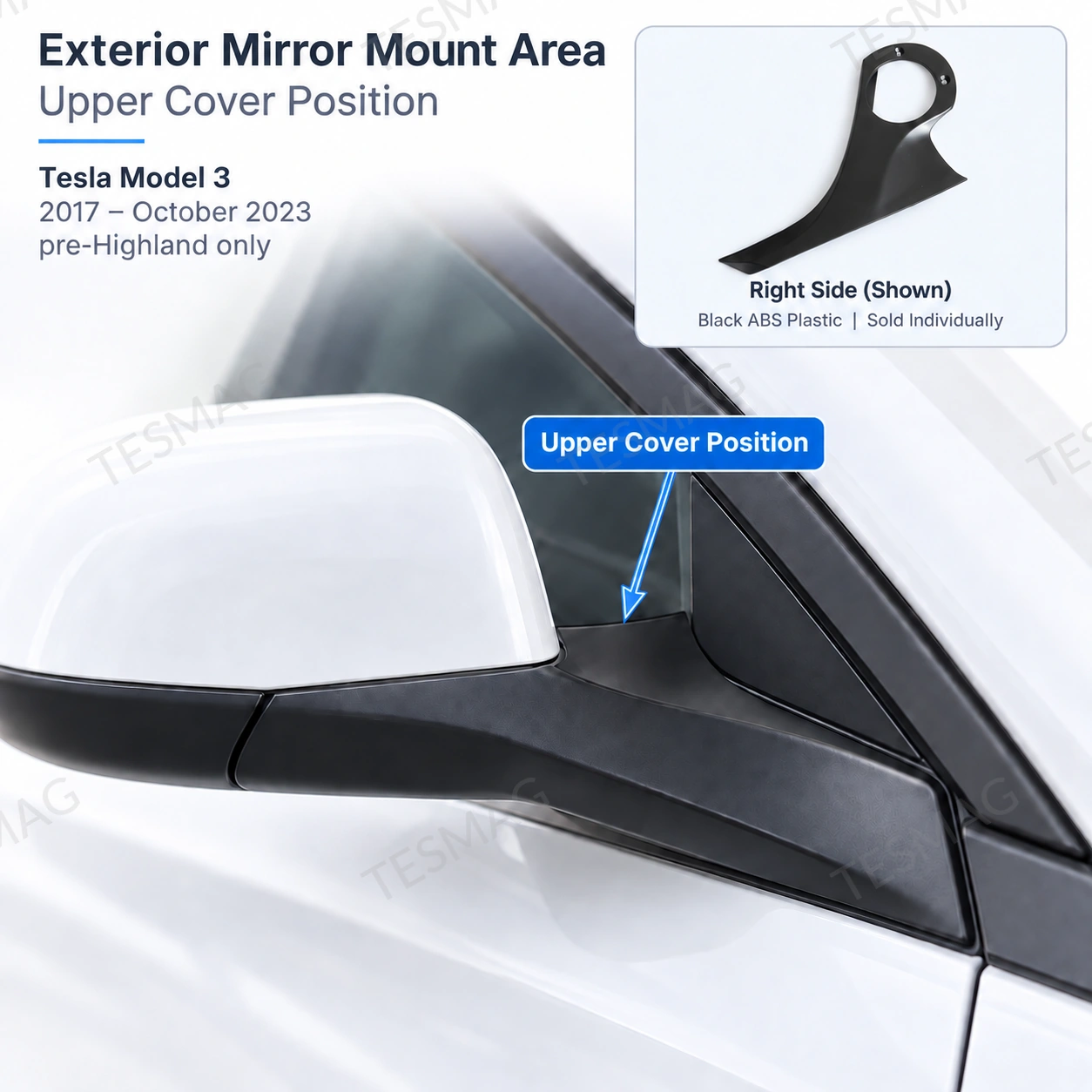 Exterior Door Mirror Mount Upper Cover for Tesla Model 3 2017–2023 Pre-Highland