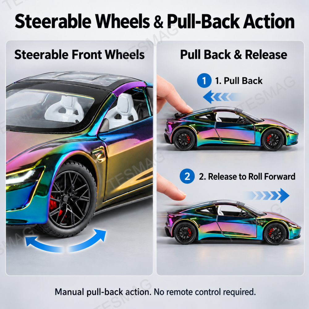 Roadster diecast model showing steerable front wheels and two-step pull-back action