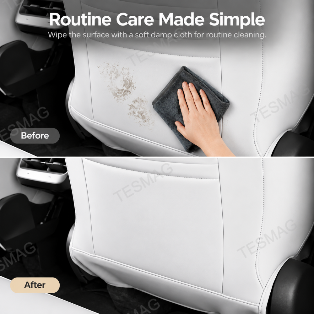 Routine care demonstration wiping a white Model 3 Highland seat cover with a damp cloth