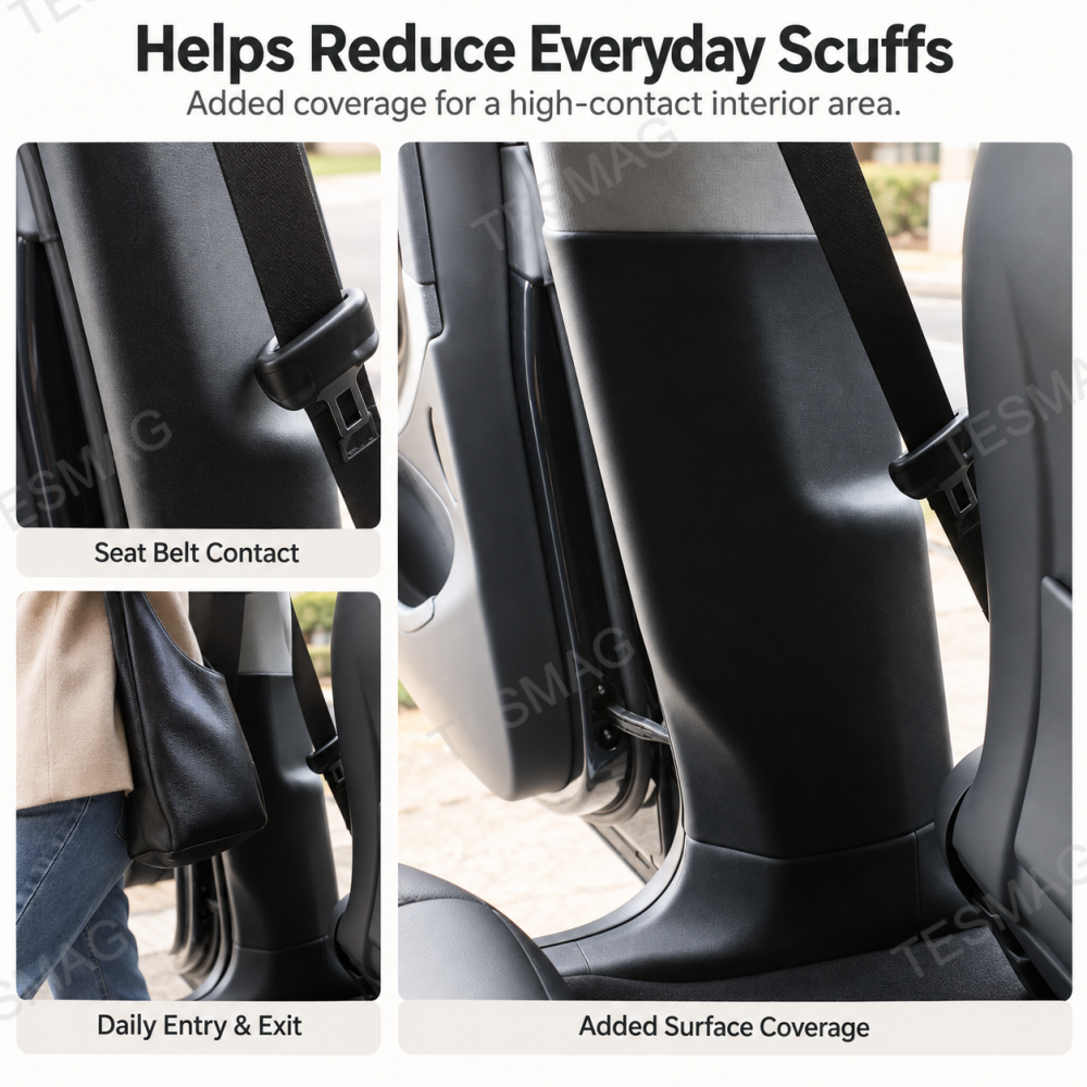 Seat belt and bag contact scenes beside a Model Y Juniper B-pillar protector