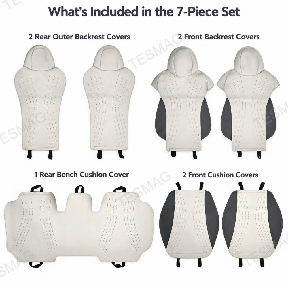 Seven-piece light gray suede seat cover set laid flat with front and rear components