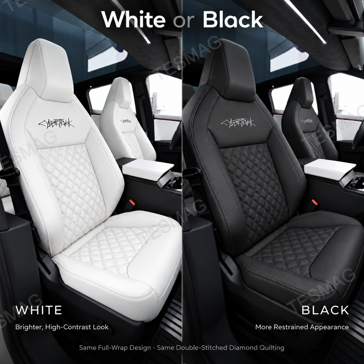 Side-by-side comparison of white and black diamond-quilted seat covers installed in Tesla Cybertruck