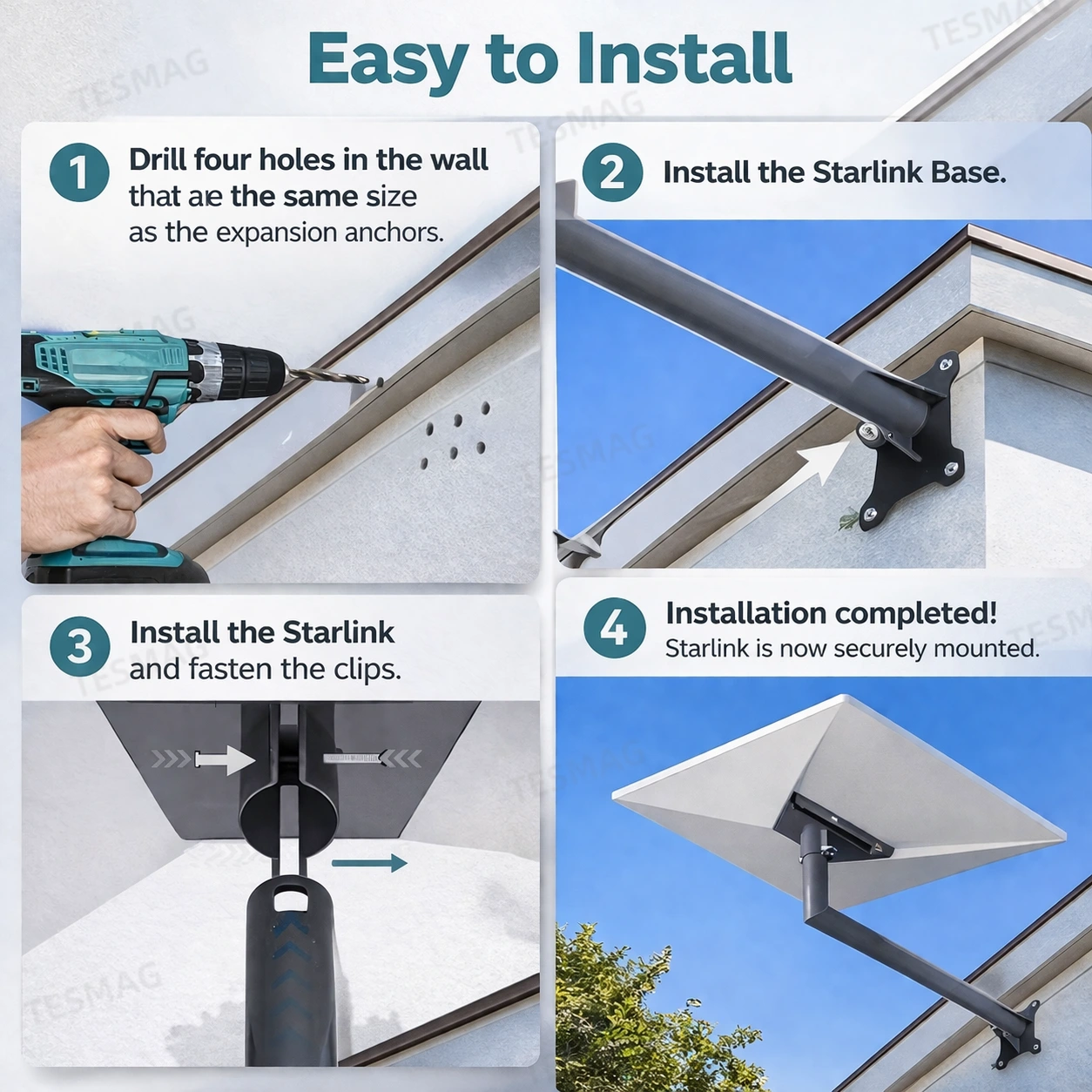 Starlink Gen 3 / V3 Long Wall Mount Bracket for Standard Dish Outdoor Installation