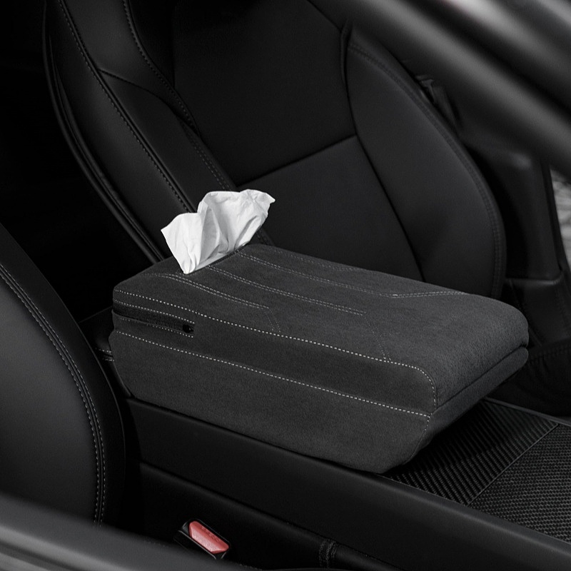 Suede Armrest Box Booster Pad with Tissue Box for Tesla Model 3/Y
