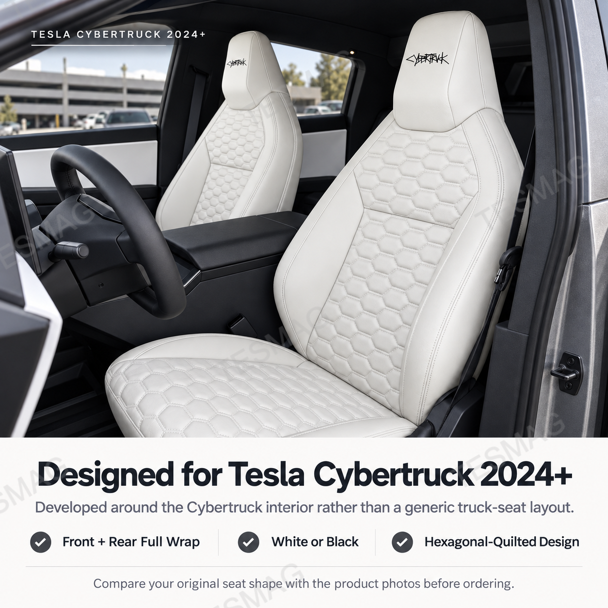 Tesla Cybertruck 2024+ seat cover fitment guide with full-wrap and color options