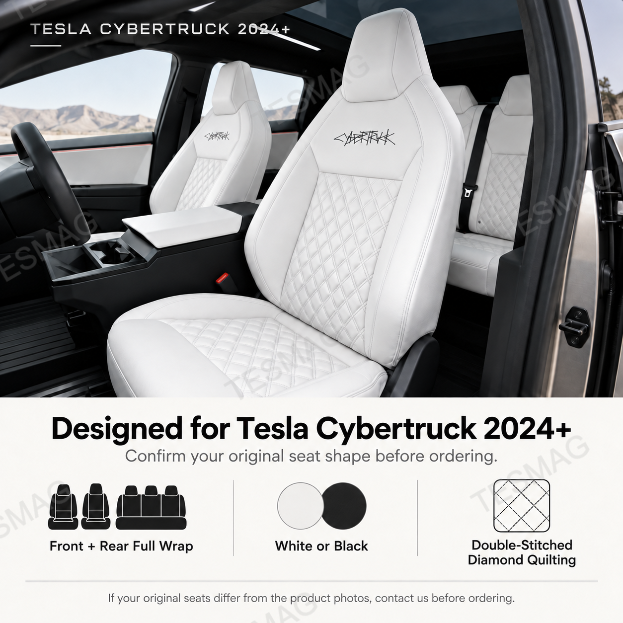 Tesla Cybertruck 2024+ seat cover fitment guide with full-wrap and color options
