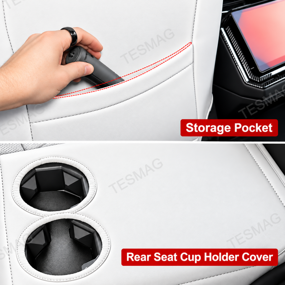 Tesla Cybertruck white seat cover features showing rear backrest storage pocket and fold-down cup holder cover