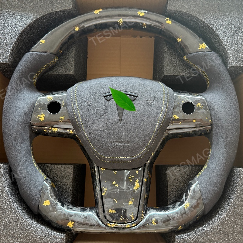 Tesla Model 3/Y 24 Karat Steering Wheel - Forged Carbon with Gold Flakes and Alcantara