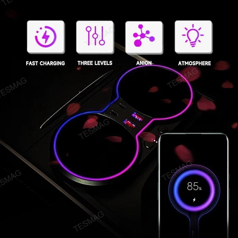 Tesla Model 3/Y Center Console Multifunction Cup Holder Docking Station with Ambient Lighting