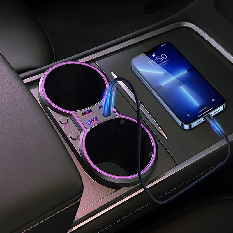Tesla Model 3/Y Center Console Multifunction Cup Holder Docking Station with Ambient Lighting
