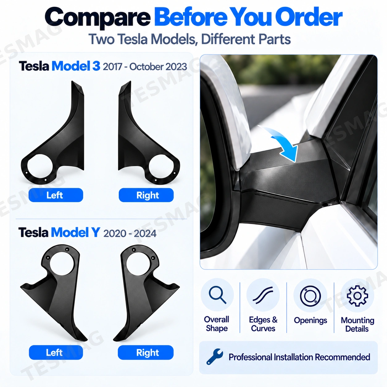 Exterior Door Mirror Mount Upper Cover for Tesla Model 3 2017–2023/ Model Y 2020-2024
