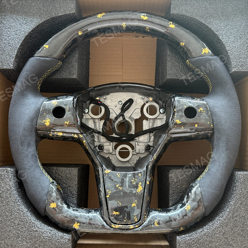 Tesla Model 3/Y 24 Karat Steering Wheel - Forged Carbon with Gold Flakes and Alcantara