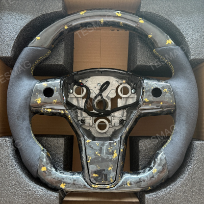 Tesla Model 3/Y 24 Karat Steering Wheel - Forged Carbon with Gold Flakes and Alcantara