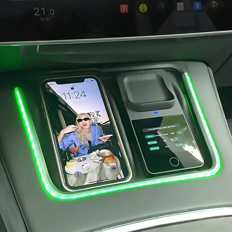 Tesla Model 3Y Wireless Charger With LED Ambient Lighting Center Console Charging Pad