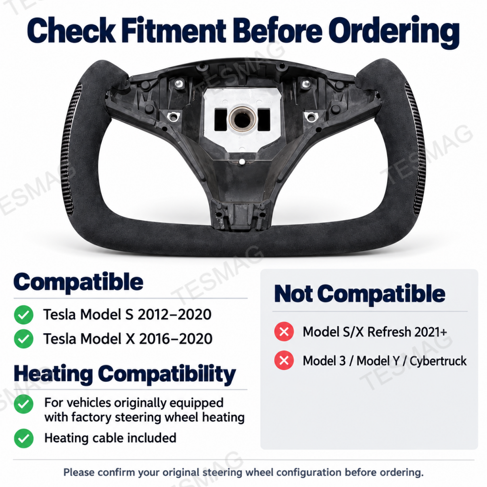 Tesla Model S and Model X yoke steering wheel fitment guide showing supported model years