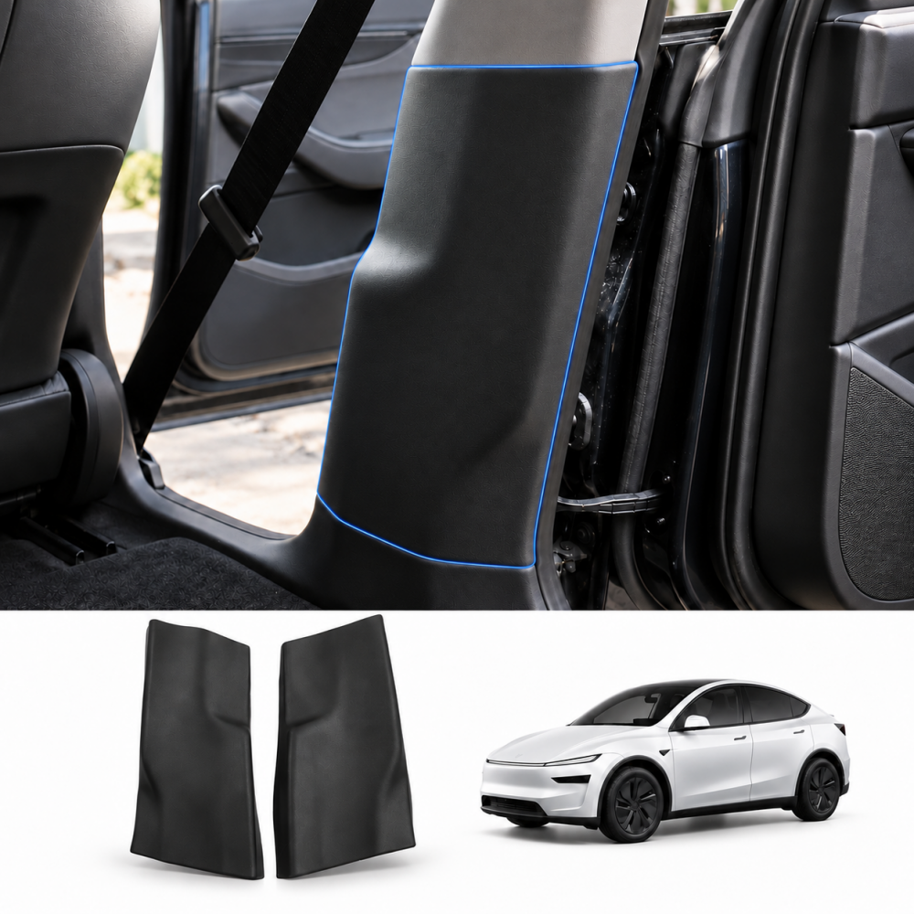 Installed B-pillar guard outlined above a 2-piece set and white Tesla Model Y Juniper