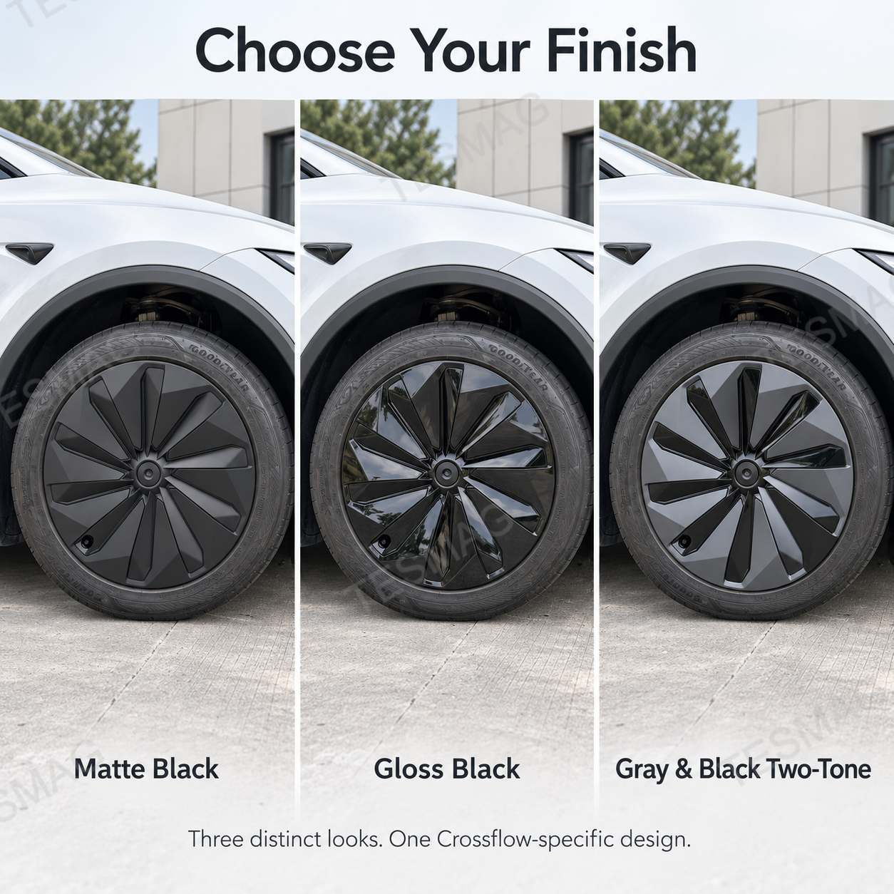 Tesla Model Y Juniper wheel covers compared in matte, gloss, and gray-black finishes