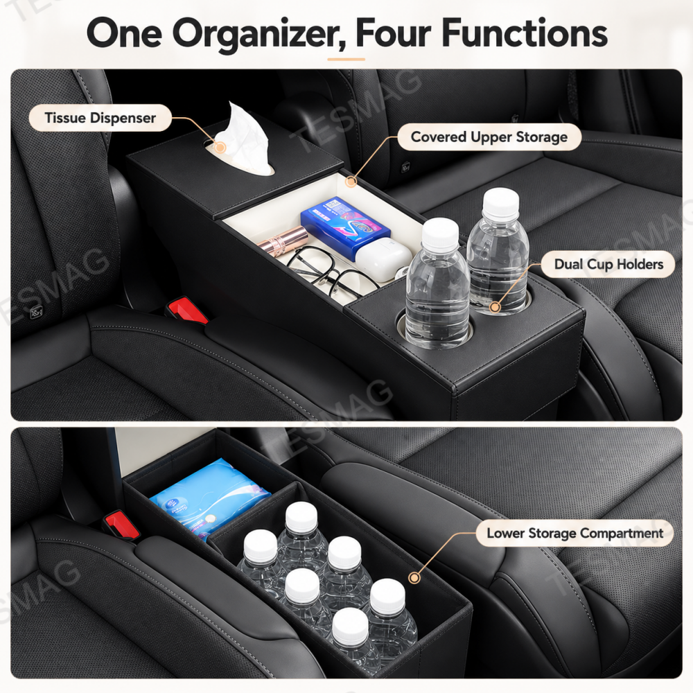 Tesla Model YL organizer with tissue access, cup holders and two storage levels