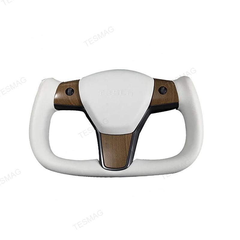 Tesla Model Y White Yoke Steering Wheel In Wood Grain With Nappa