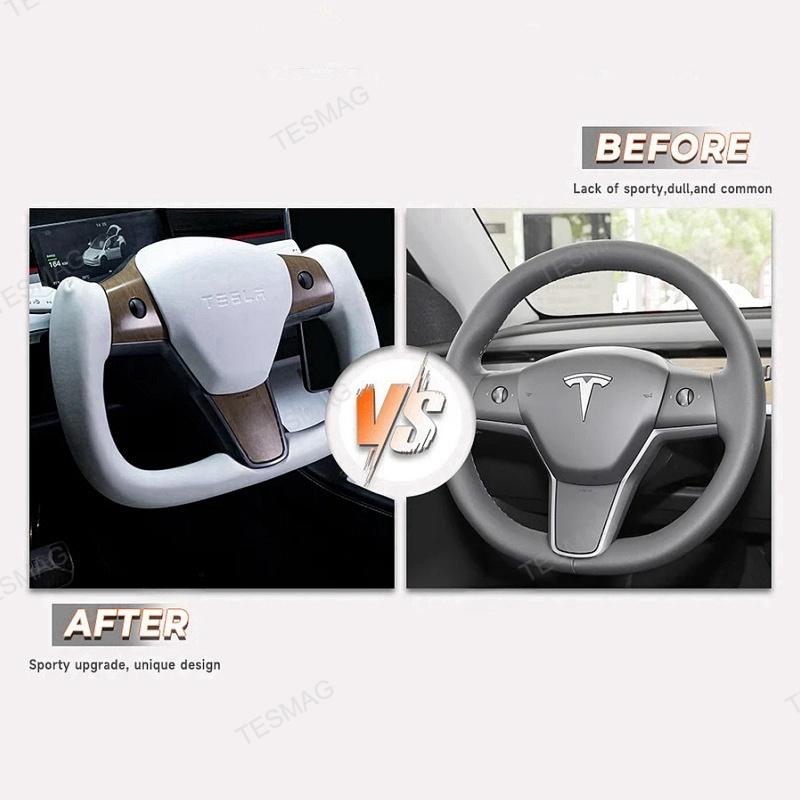 Tesla Model Y White Yoke Steering Wheel In Wood Grain With Nappa