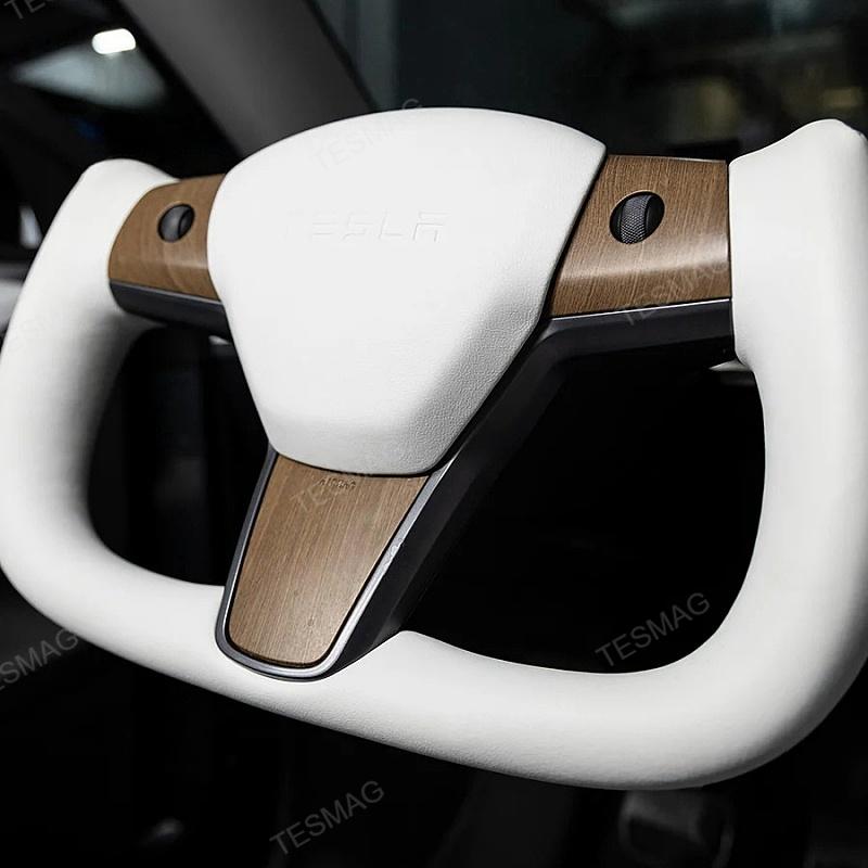 Tesla Model Y White Yoke Steering Wheel In Wood Grain With Nappa