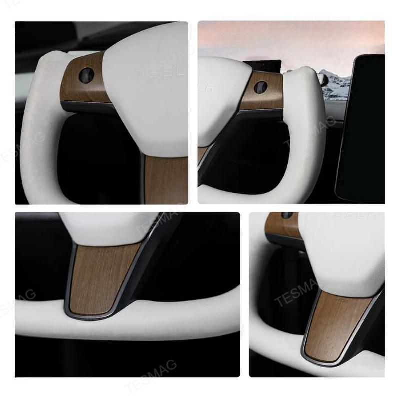 Tesla Model Y White Yoke Steering Wheel In Wood Grain With Nappa