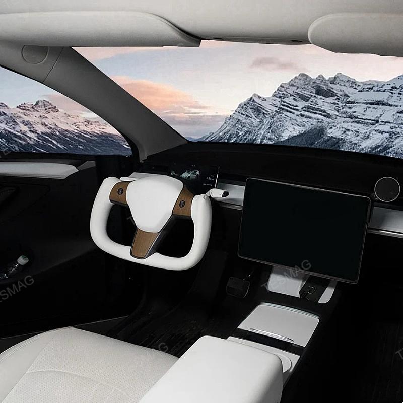 Tesla Model Y White Yoke Steering Wheel In Wood Grain With Nappa