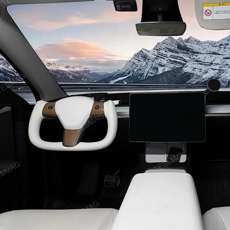 Tesla Model Y White Yoke Steering Wheel In Wood Grain With Nappa