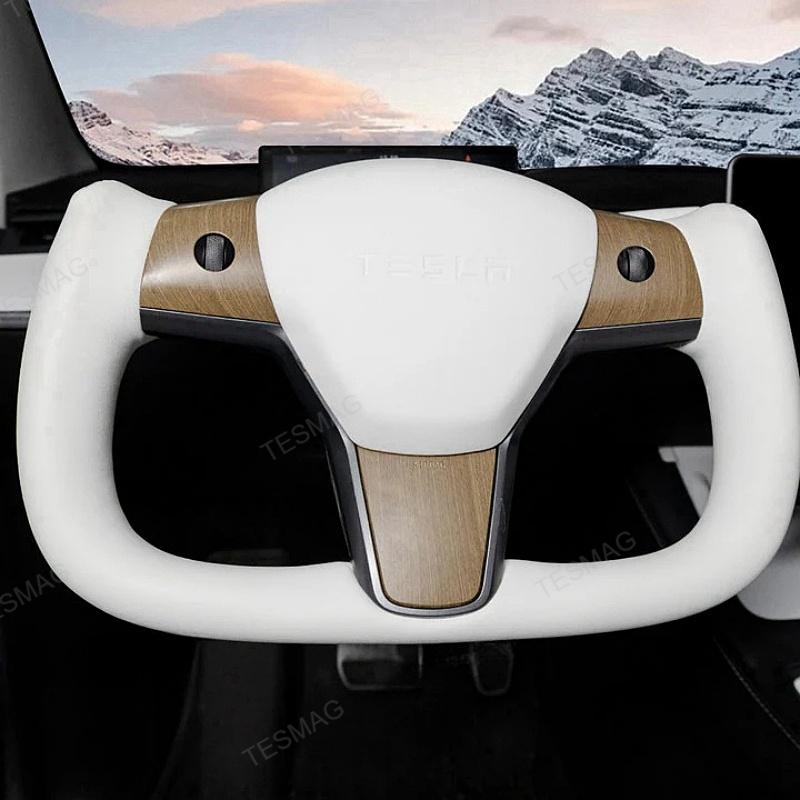 Tesla Model Y White Yoke Steering Wheel In Wood Grain With Nappa