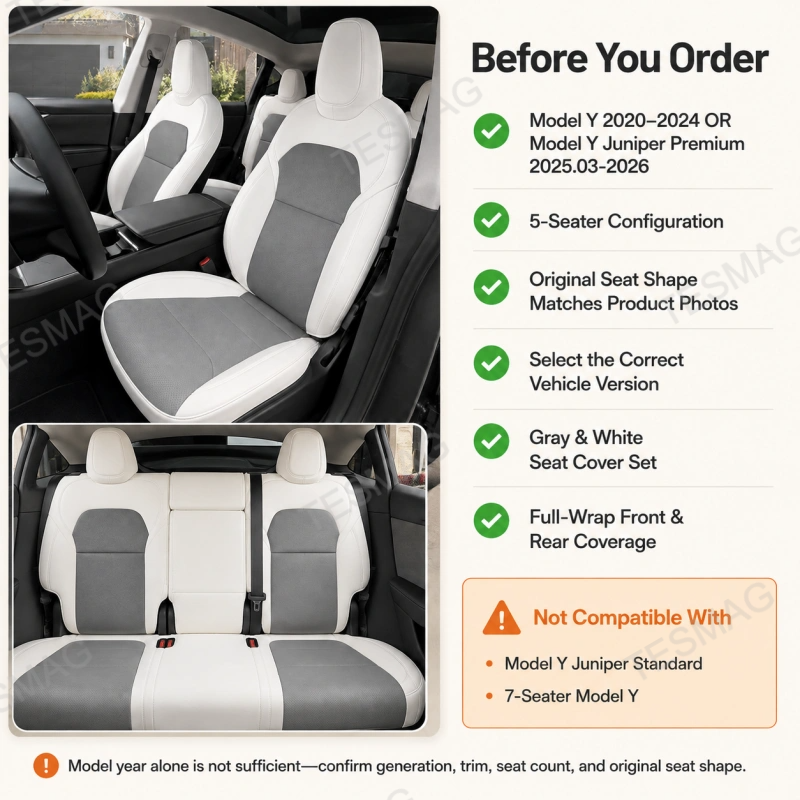 Nappa Leather Seat Covers for Tesla Model Y & Juniper 5-Seater – Gray & White