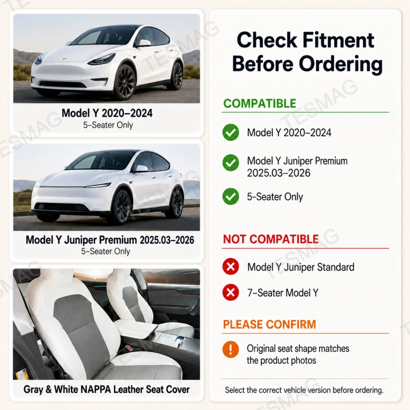 Nappa Leather Seat Covers for Tesla Model Y & Juniper 5-Seater – Gray & White