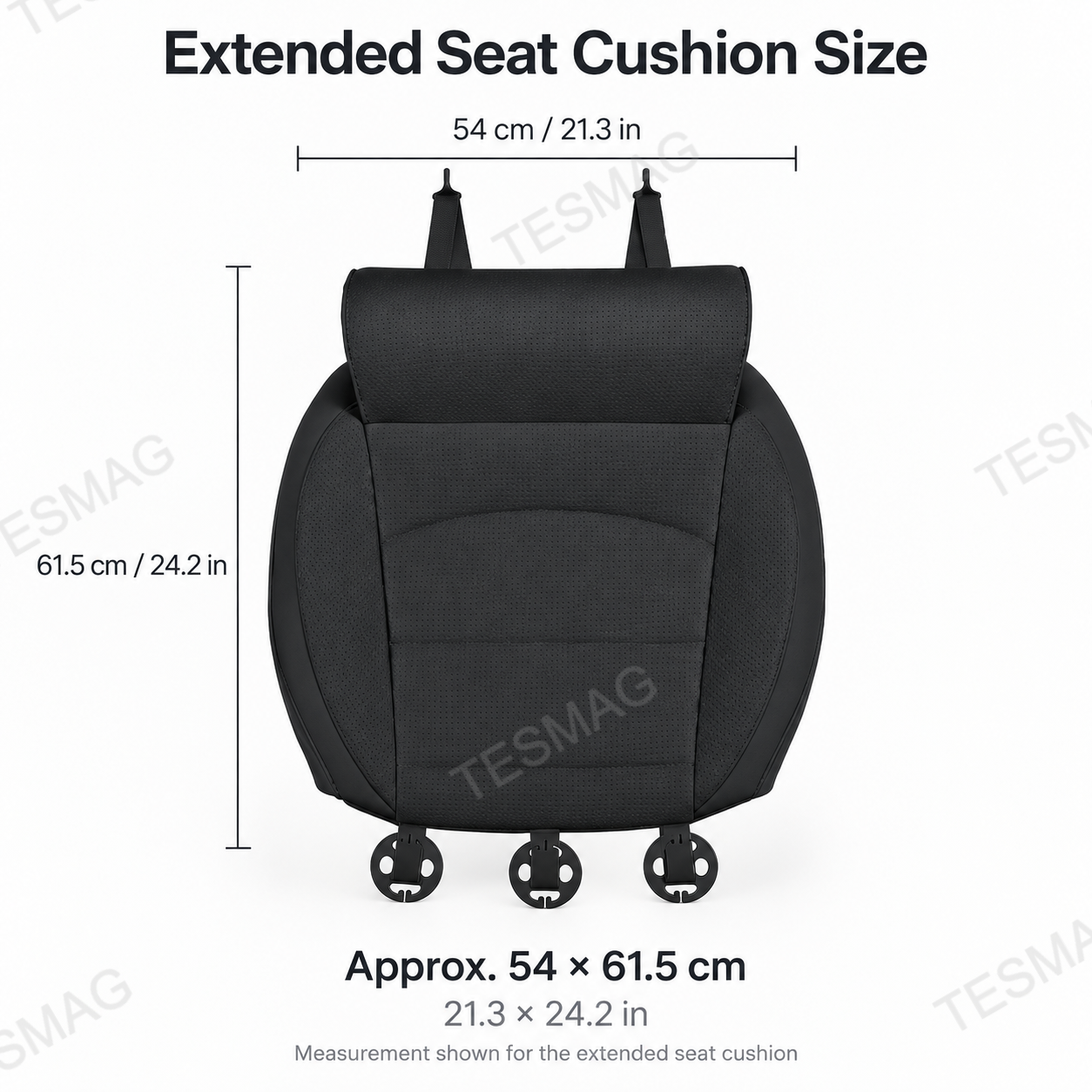 Tesla extended seat cushion size diagram showing 54 by 61.5 cm dimensions