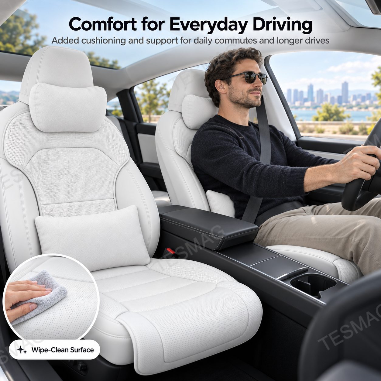 Tesla front seat comfort set in a daily driving scene with wipe-clean cushion detail