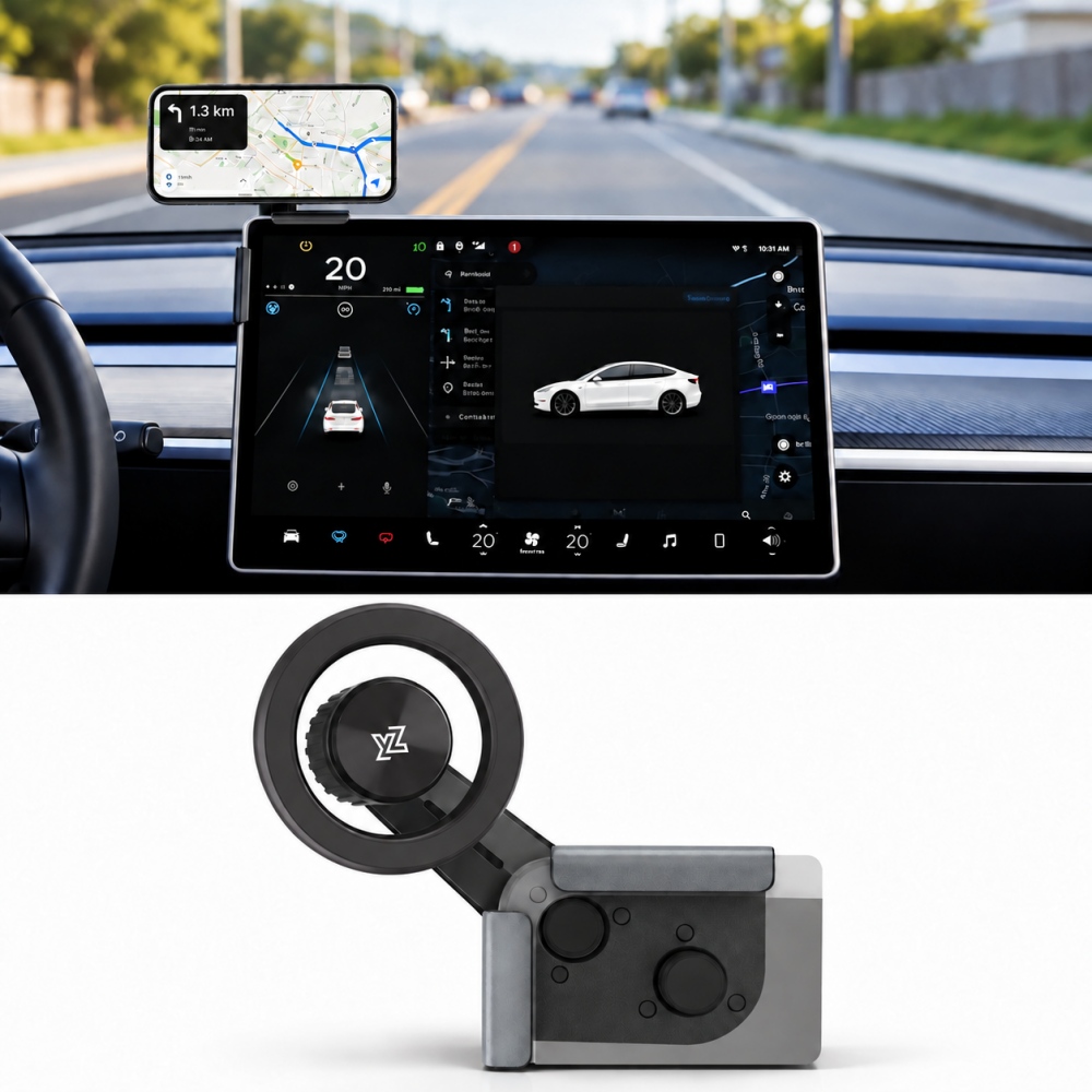Tesla magnetic phone mount with landscape navigation above a white-background product view