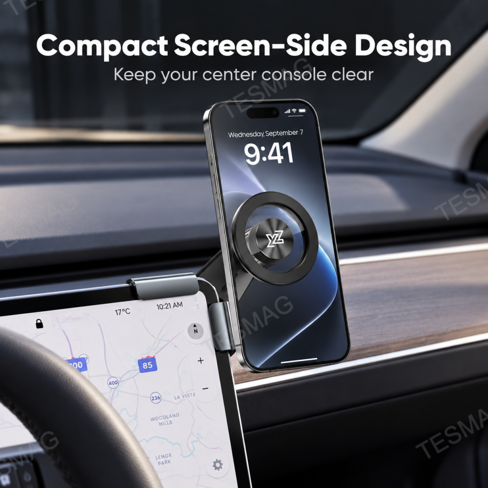 Tesla screen-side phone mount with a circular magnetic head shown over an upright phone