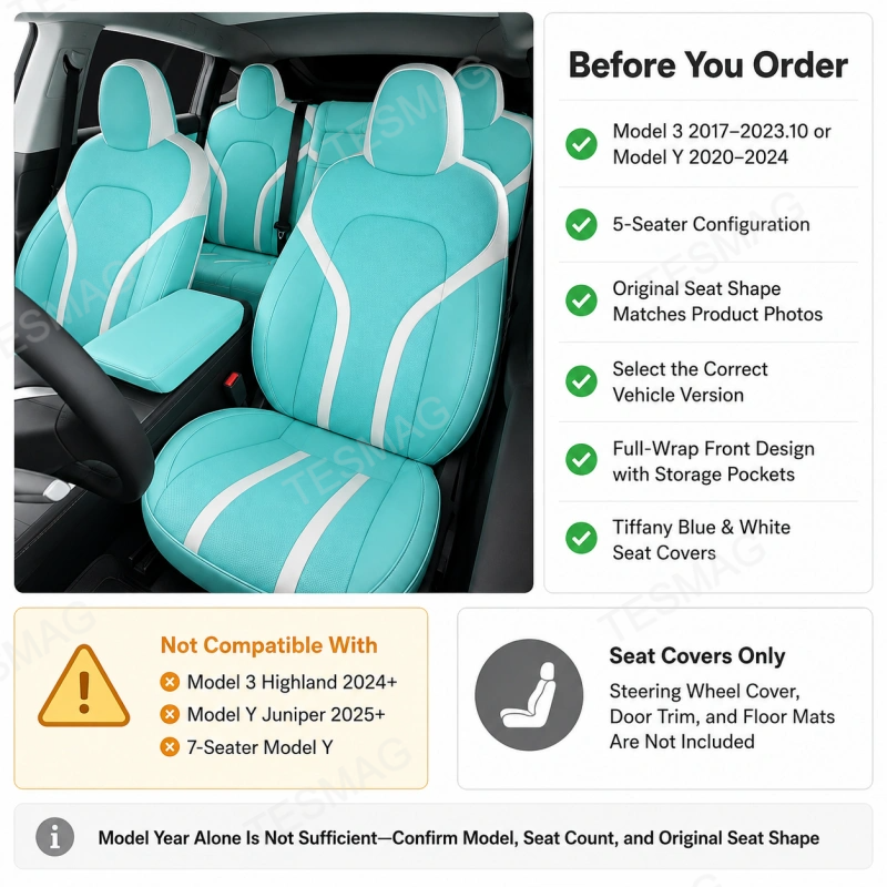 Tiffany Blue Nappa Leather Seat Covers for Tesla Model 3/Y 5-Seater