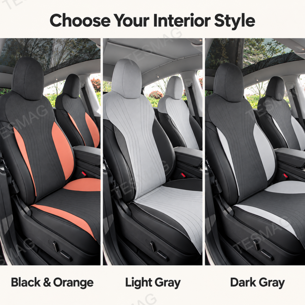 Three Tesla Model Y Juniper seat cover colors compared side by side